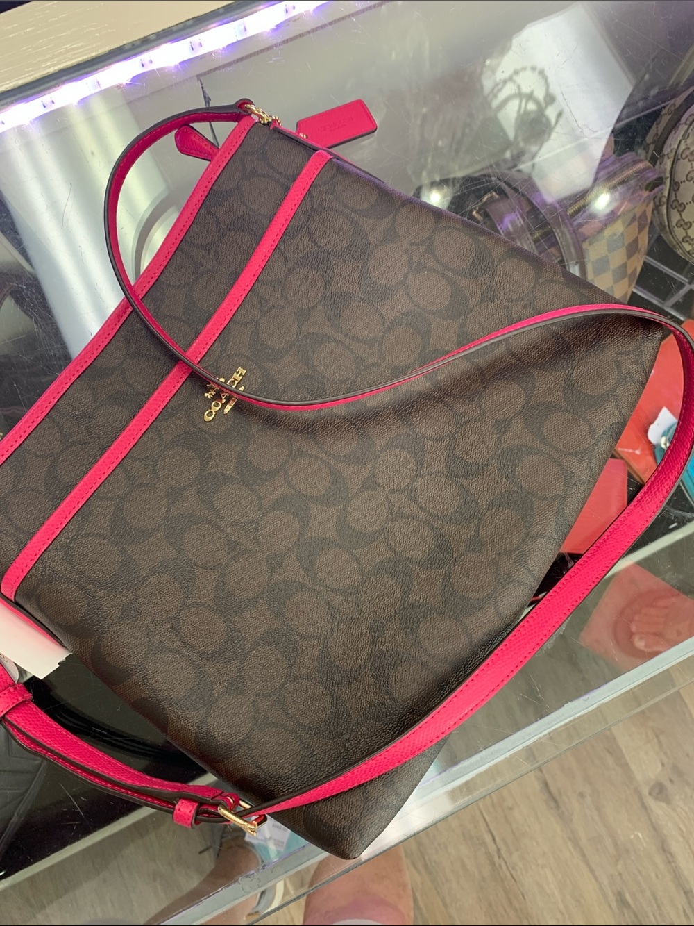 Coach Brown Signature Canvas Crossbody with Pink Trim